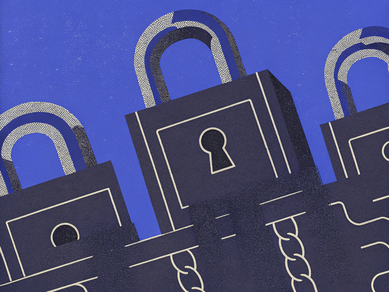 Three dark blue stylized padlocks with white outlines and textured shackles, arranged diagonally on a bright blue background. A keyhole is visible on the central padlock, and chains are at the bottom.
