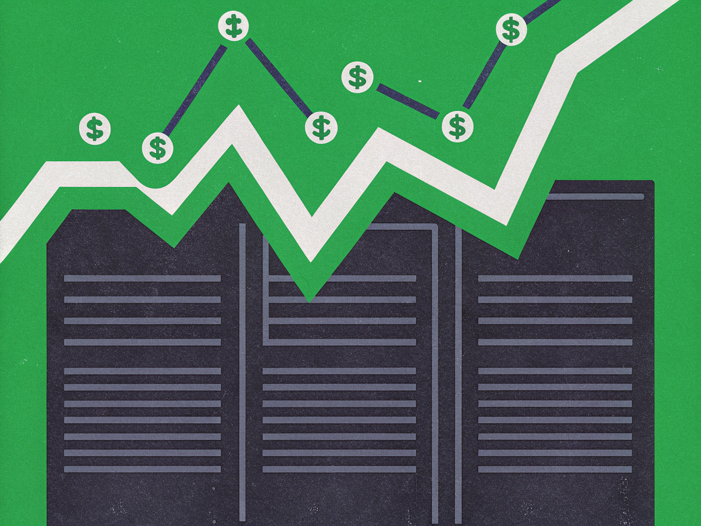 Financial growth graph with dollar signs above three data servers.