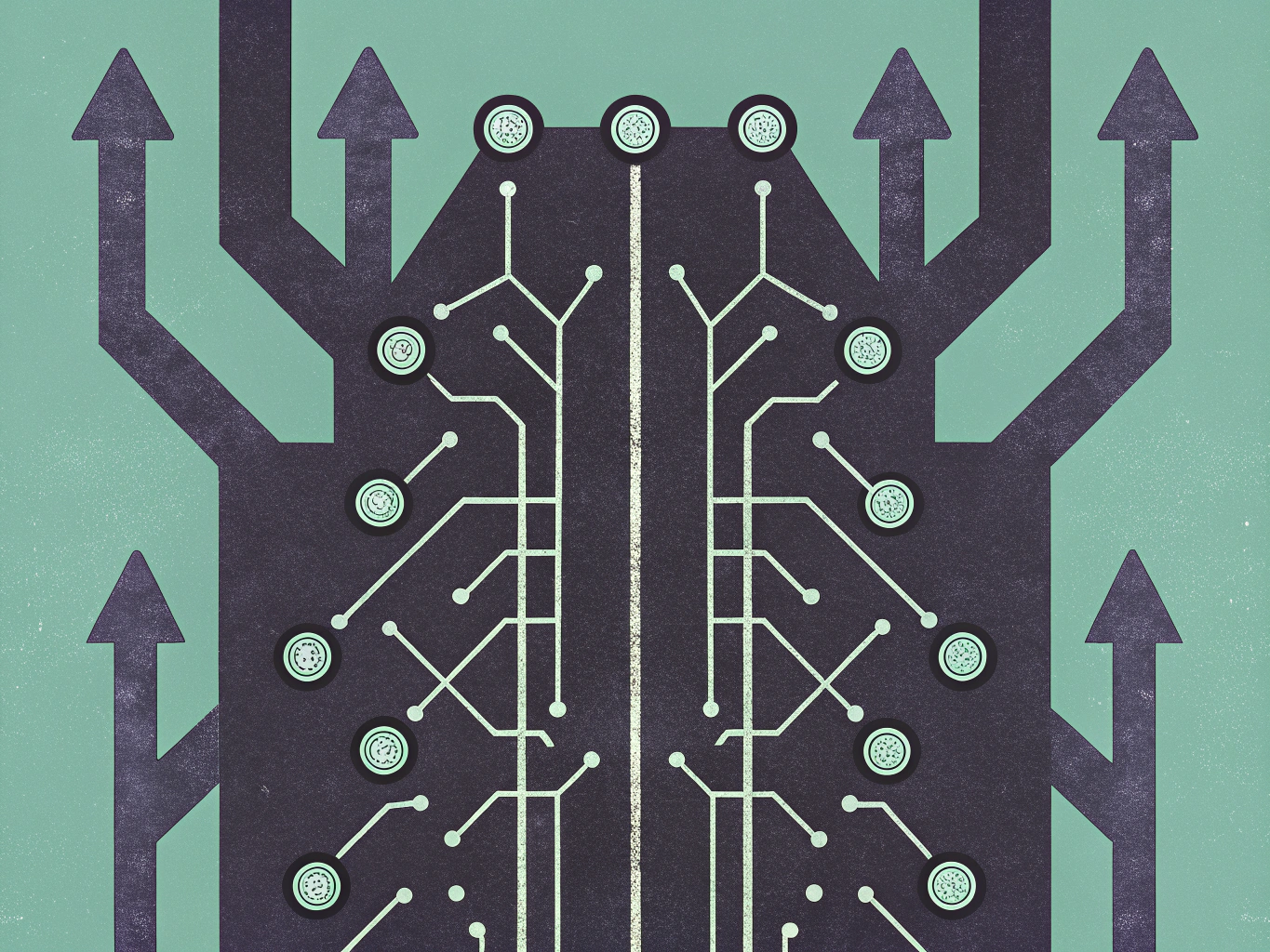 Abstract illustration combining elements of a circuit board and a road map. A central dark grey path is flanked by light green branching lines with nodes containing clock icons. Dark grey arrows merge onto the central path from the sides against a light green background.
