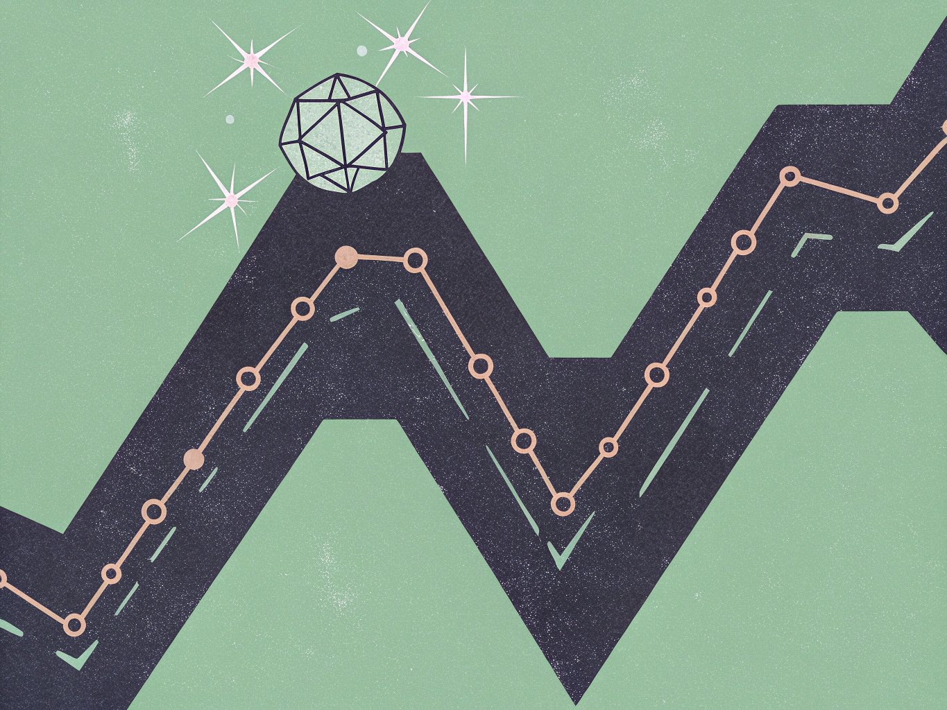 Stylized line graph with a peach line and data points following a dark grey zig-zag path on a green background, topped by a sparkling diamond at its highest peak.