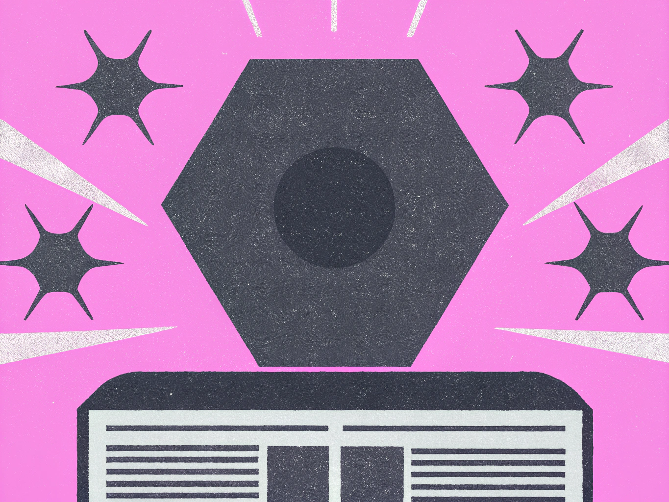 Abstract graphic on a pink background featuring a dark gray hexagon with a central circle. Light gray rays emanate from the hexagon, surrounded by four dark gray starburst shapes. Below the hexagon is a dark gray rectangular panel with horizontal light gray lines.