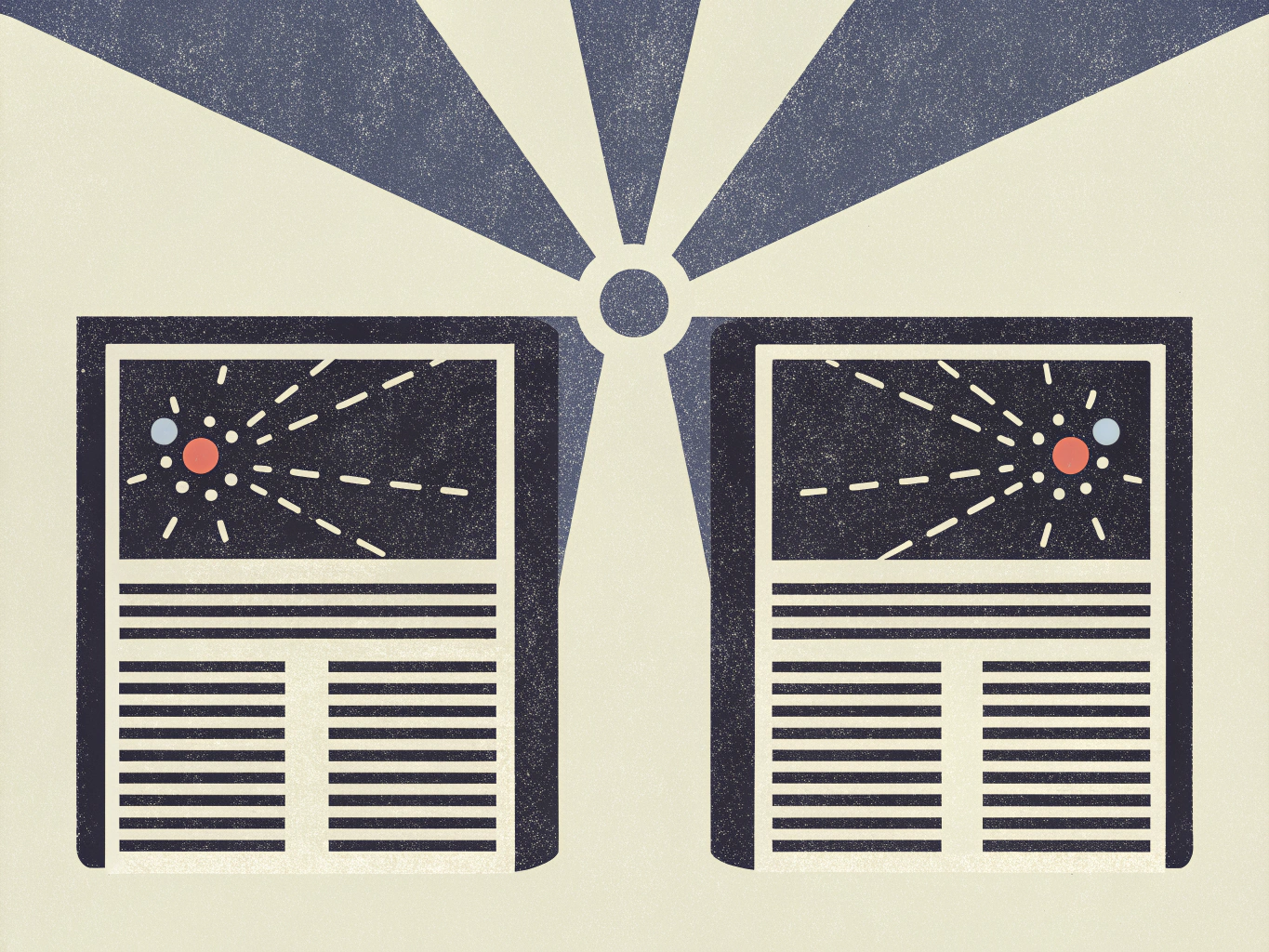 Two dark display panels show a red and blue dot at the center of radiating white dots and dashed lines, with horizontal lines resembling text below. A central light source emits rays upwards between the panels.