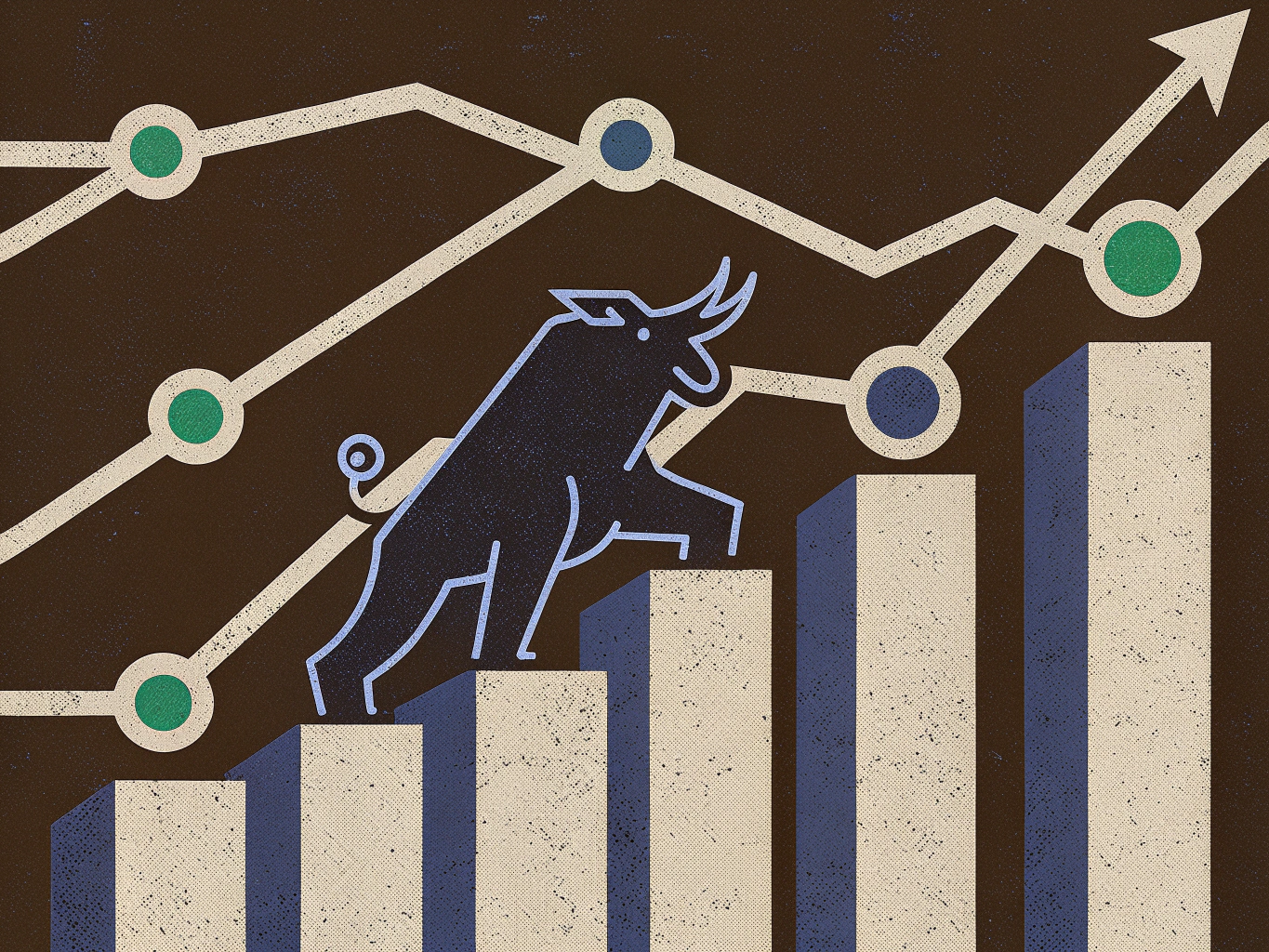 Stylized bull stepping up a rising bar chart, with an upward-trending line graph in the background, representing a bull market.