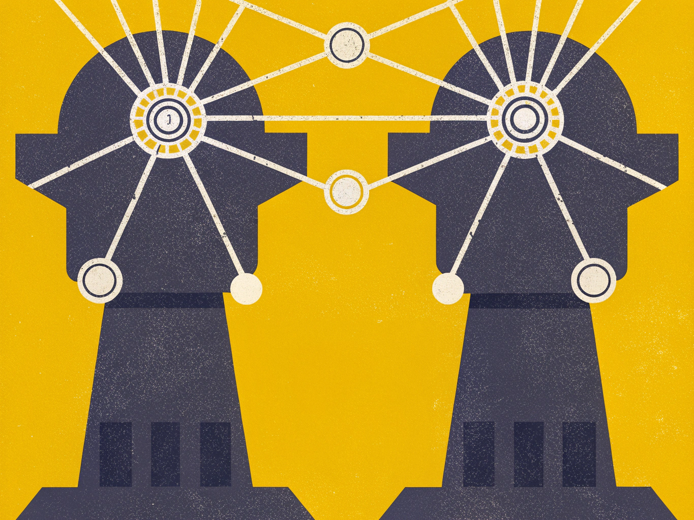 Stylized illustration of two dark gray figures, resembling heads, connected by white lines and nodes on a yellow background.