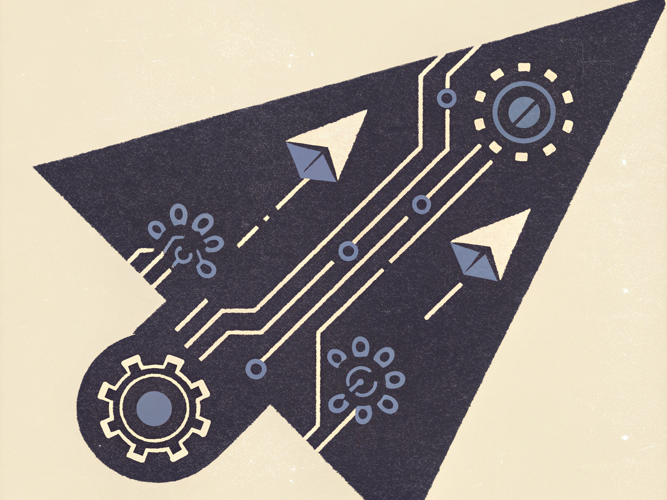 Dark blue paper airplane graphic with internal circuit board lines, gears, and small arrow icons.