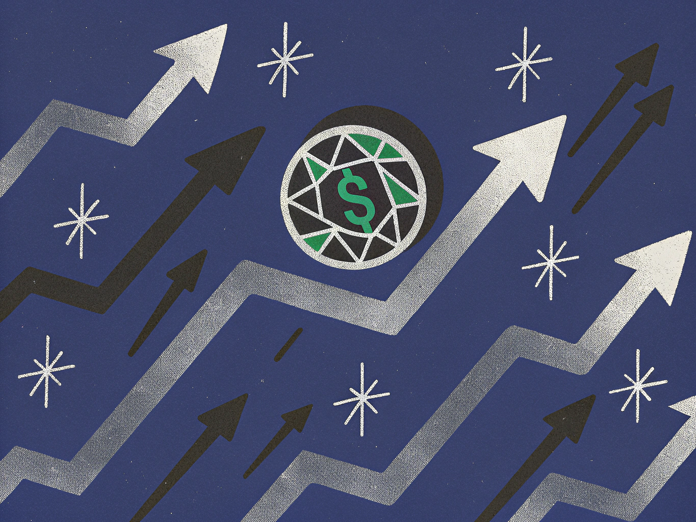 "Green dollar sign emblem surrounded by upward-pointing arrows on a dark blue background with sparkles, symbolizing financial growth."