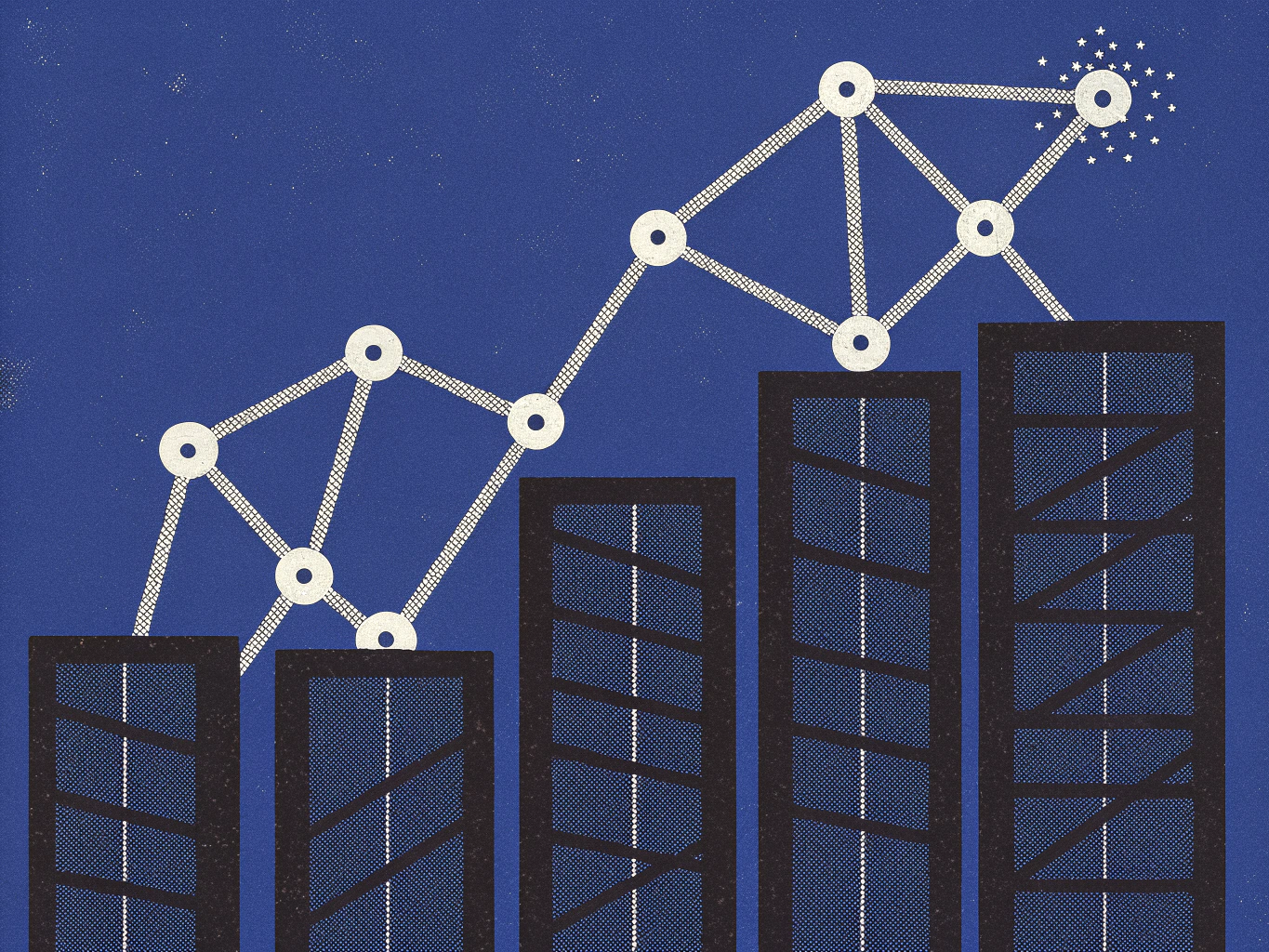 Upward trending graph of interconnected nodes atop a bar chart, with the final node sparkling with stars.