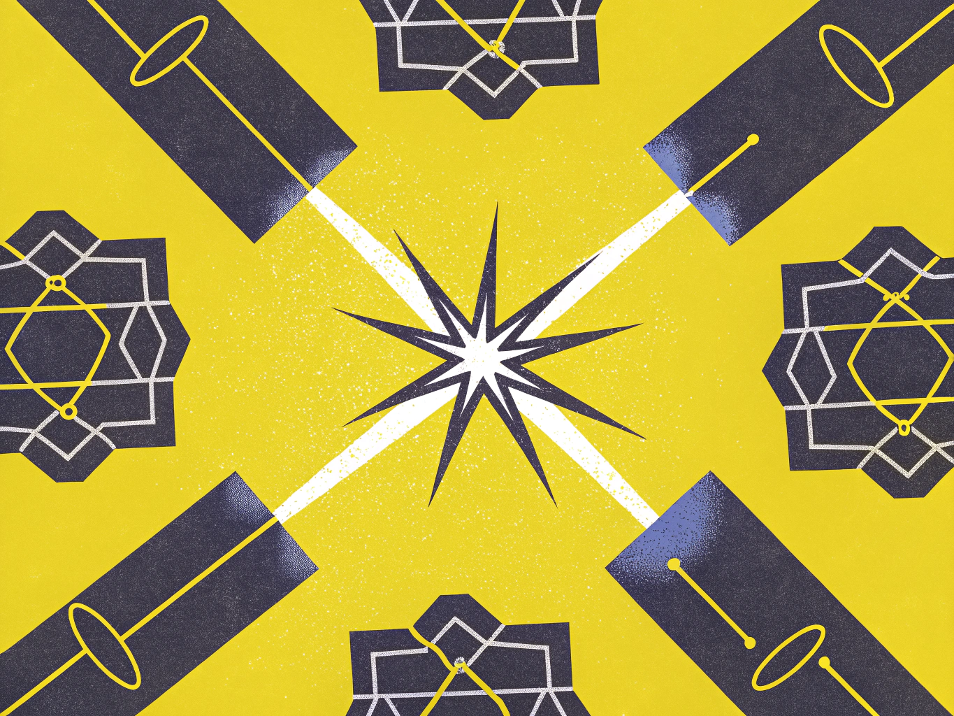 Abstract illustration of four dark blue light emitters, each with yellow lines, projecting white beams that converge at a central white starburst on a yellow background. Four stylized dark blue geometric patterns with white and yellow outlines fill the surrounding space.