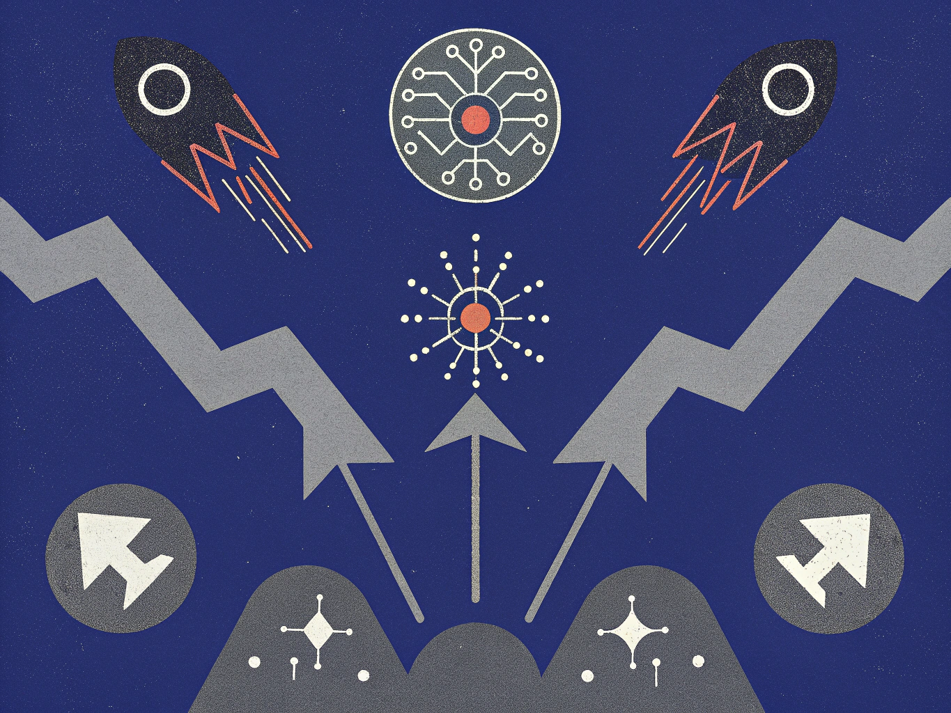 Abstract illustration on a dark blue background featuring two rockets ascending, a circular circuit board icon, and a starburst design. Large grey chevron arrows and smaller straight arrows rise from the bottom, all pointing upwards.
