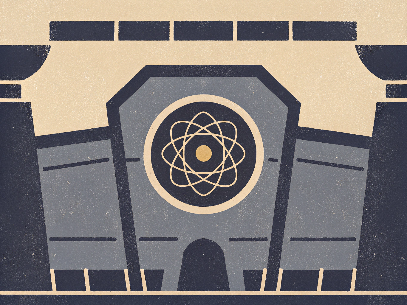 Stylized illustration of a research facility with a large atom symbol on its central facade, rendered in muted tones of beige, dark blue, and gray.