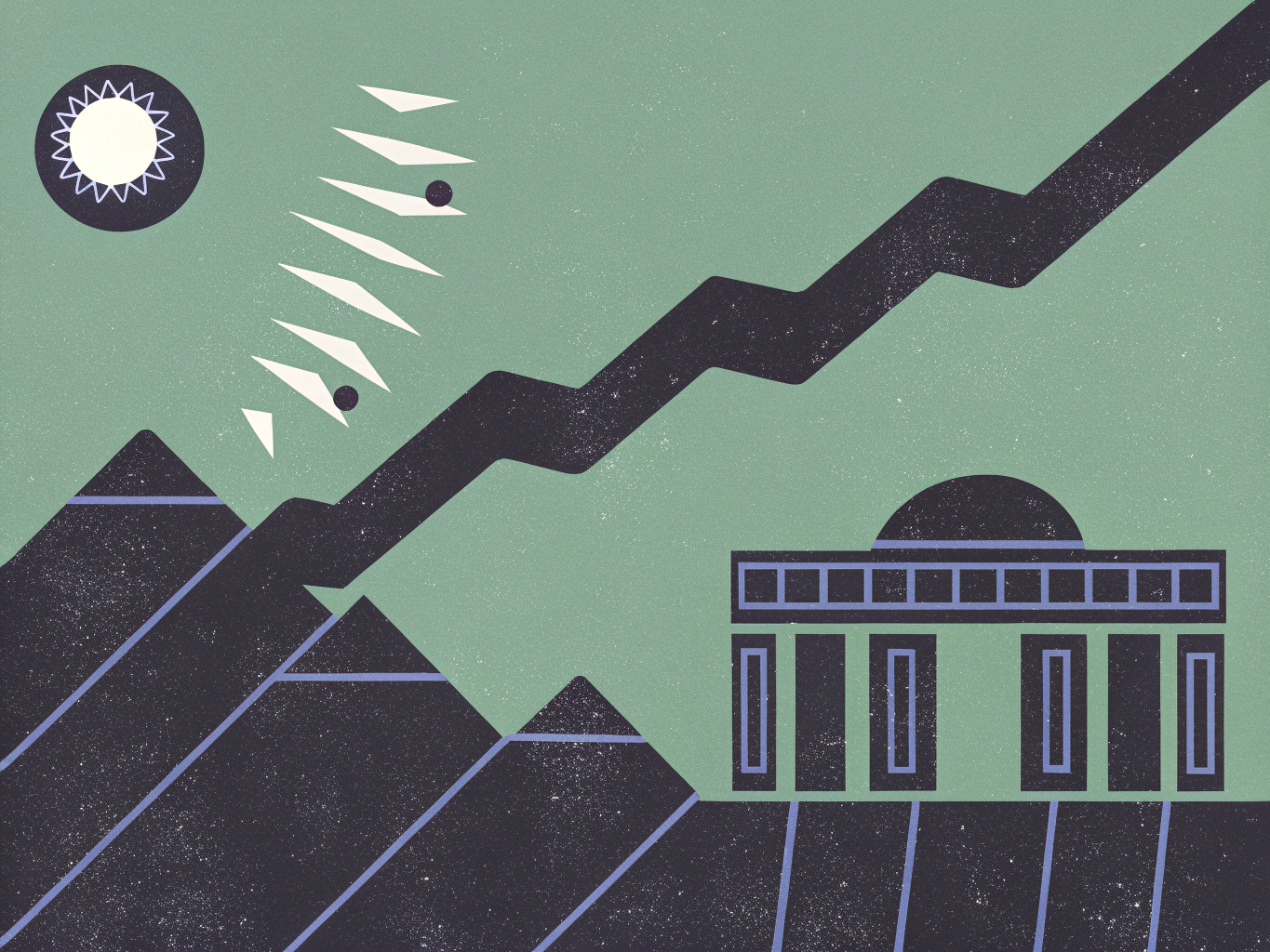 Stylized graphic illustration with a sun and dark angular mountains on the left, an upward-trending jagged line across the center, and a domed building on the right, all with a grainy texture on a green background.