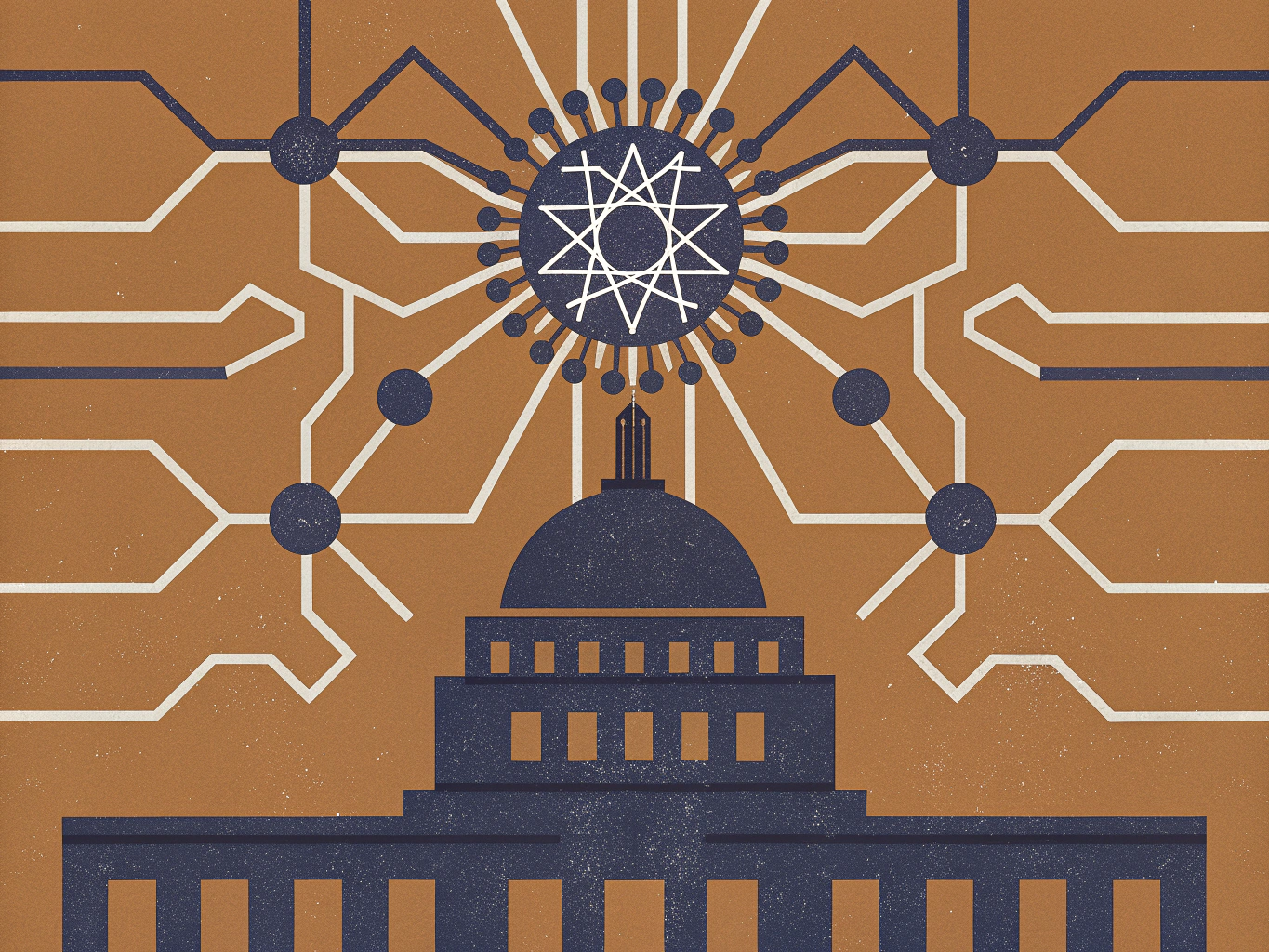 Stylized illustration of the US Capitol building with a central hub radiating a circuit-like network of lines and nodes.