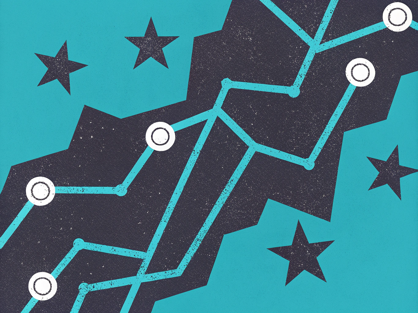 Stylized teal line graph with white circular nodes on a textured dark grey and teal background, accented with scattered dark grey stars.