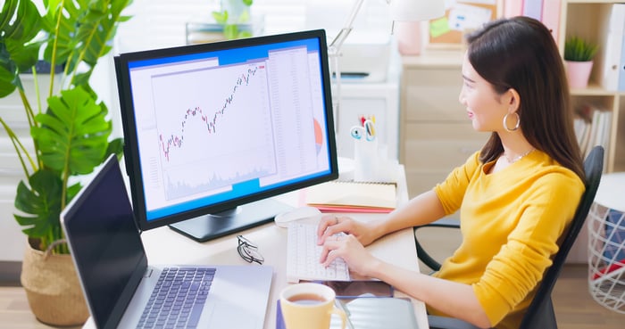 Woman at a desk typing on a keyboard, looking at a computer monitor displaying data charts. A laptop and a potted plant are also on the desk.