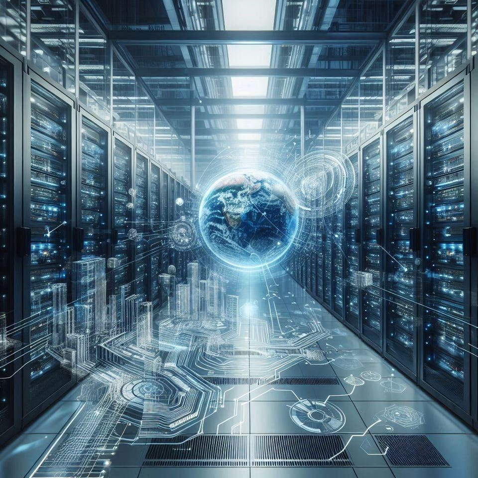 Digital rendering of a data center with a glowing Earth globe, intricate circuit board patterns, and abstract city outlines on the floor, symbolizing global data and technology.