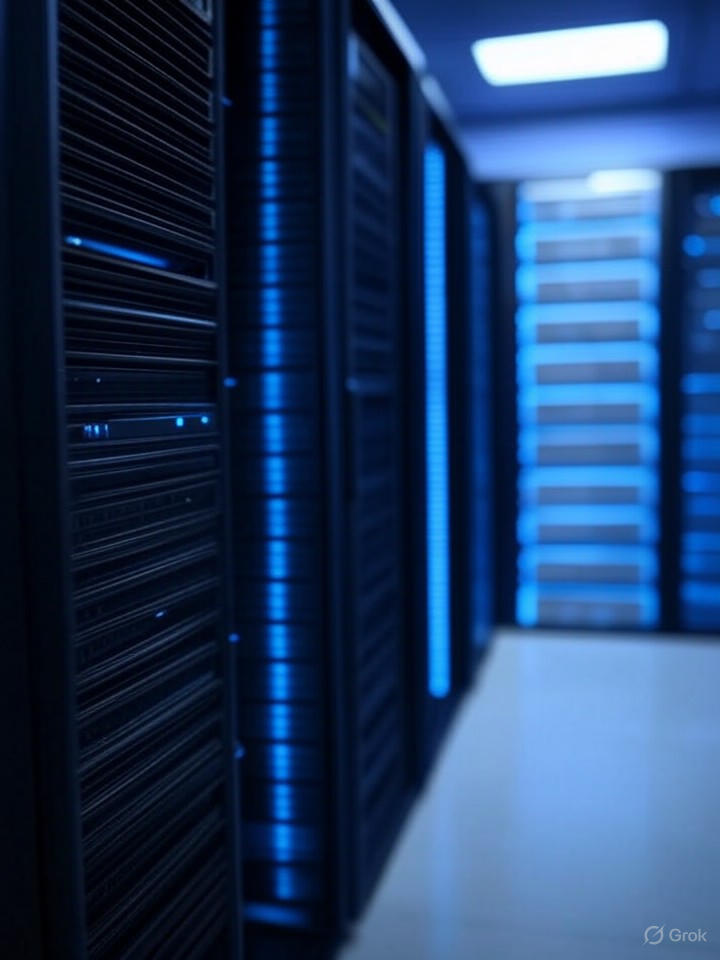 Rows of black server racks with blue indicator lights in a data center aisle.