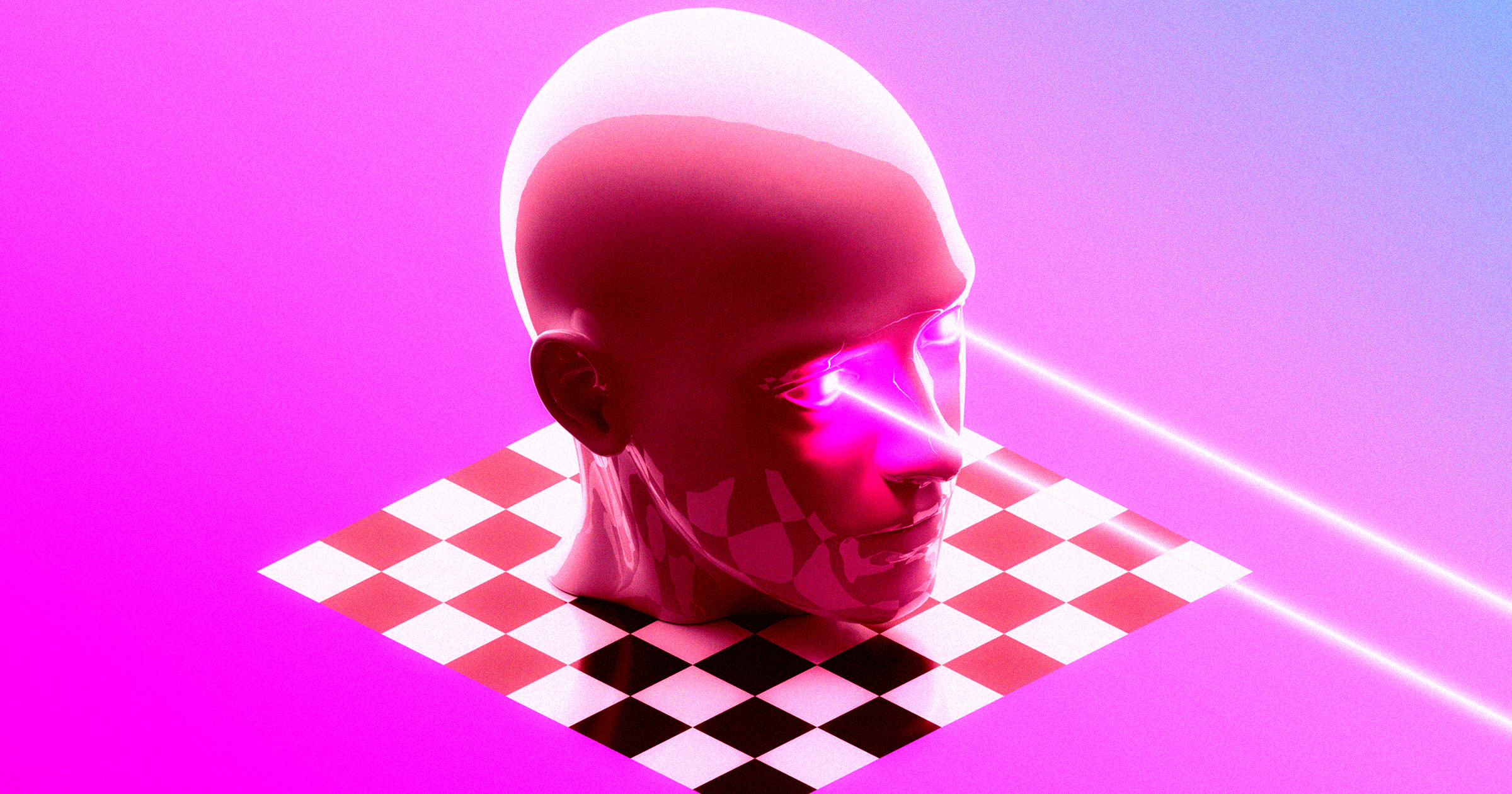 Glossy pink mannequin head with glowing eyes emitting laser beams, positioned on a checkered platform against a vibrant pink and blue gradient background.