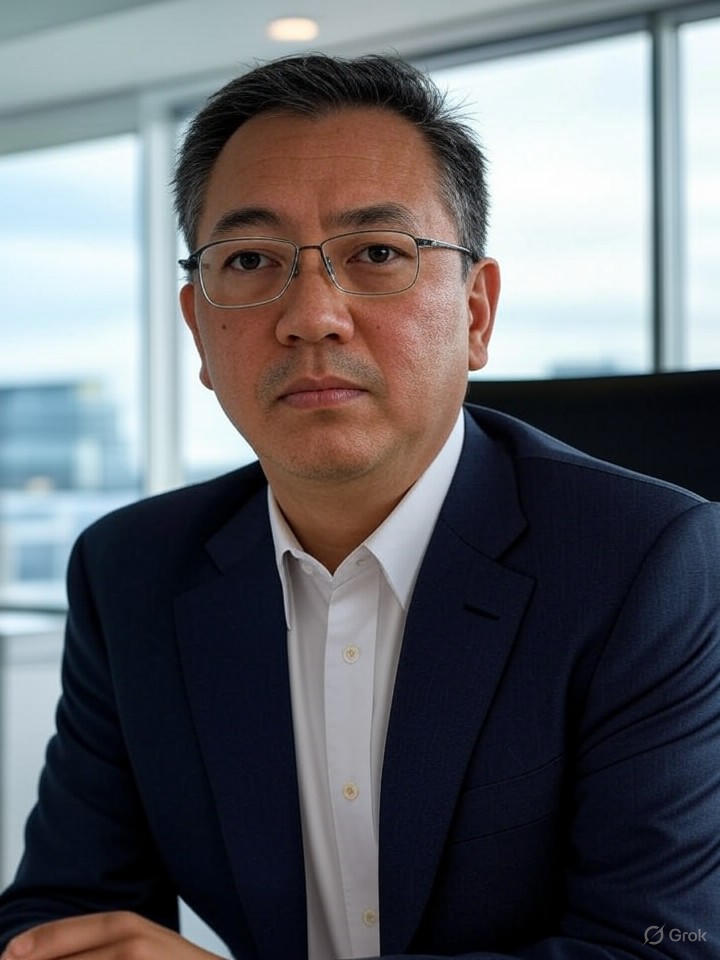 Man in a dark suit, white shirt, and glasses looking directly at the viewer, in an office setting.